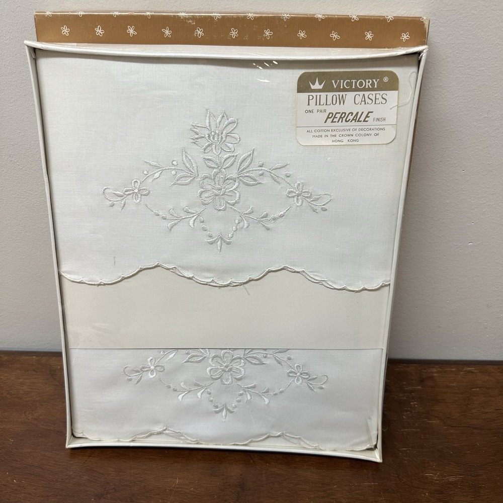 Vintage Victory Percale Embroidered Pillowcases Made in Hong Kong NEW NOS